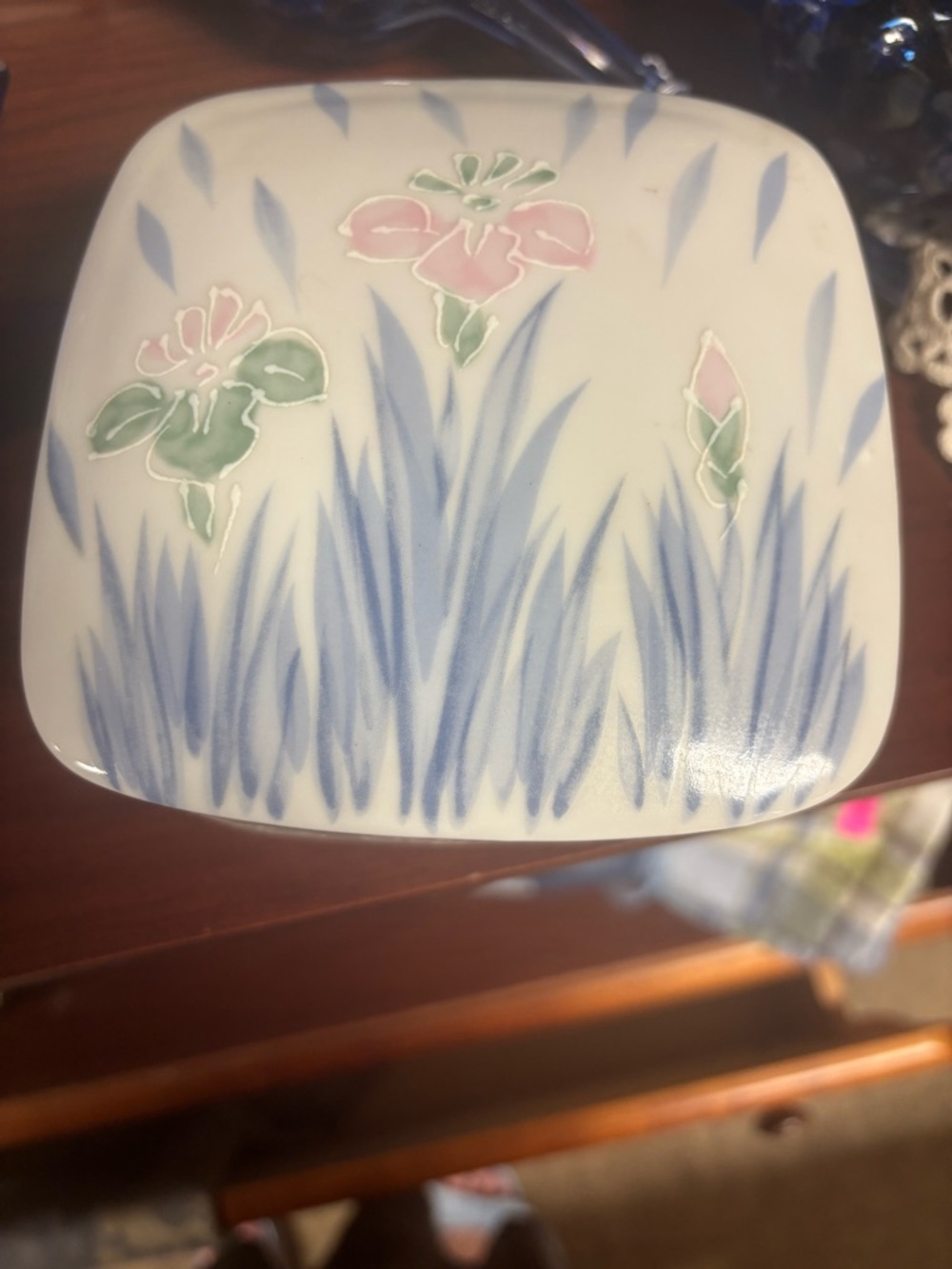 iris White Ceramic Dish with Blue Floral Accent